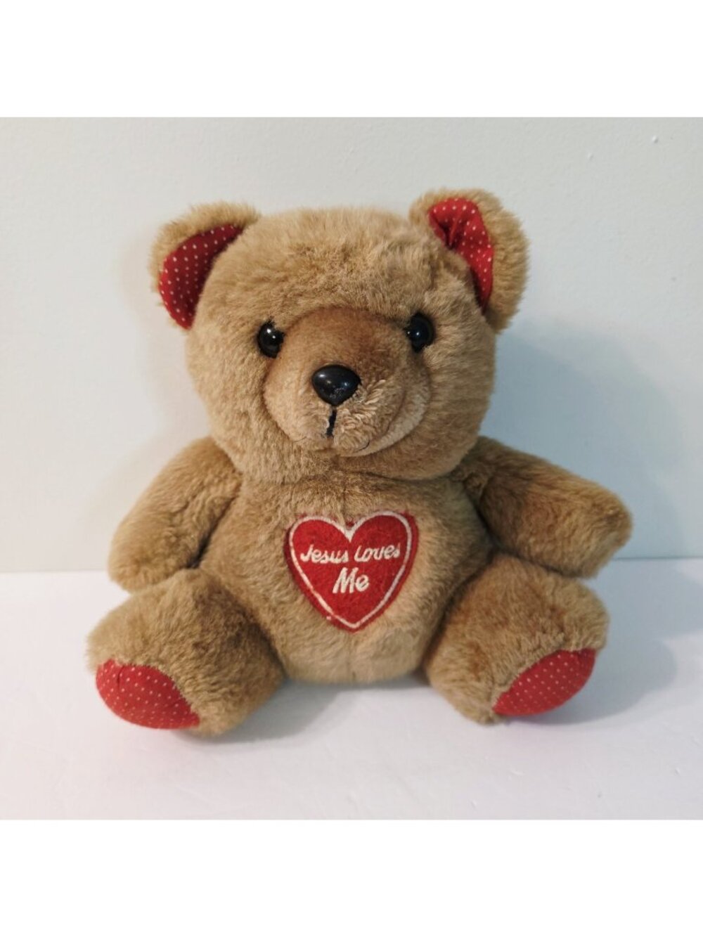 Vtg Harpers Fare Kids Jesus Loves Me Red Heart Brown Teddy Bear Plush Stuffed